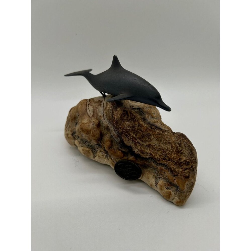 Vintage Signed John Perry Dolphin Sculpture On Burlwood Base Nature Ocean